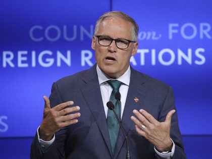 NEW YORK, NY - JUNE 5: Democratic presidential candidate and Governor of Washington Jay Inslee speaks about climate change at the Council on Foreign Relations, June 5, 2019 in New York City. Inslee has made the issue of combatting climate change the central platform of his campaign and has sharply …