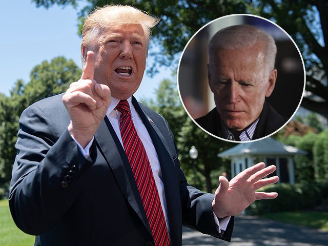 (INSET: Joe Biden) US President Donald Trump speaks with reporters at the White House in Washington, DC, on June 11, 2019. (Photo by Jim WATSON / AFP) (Photo credit should read JIM WATSON/AFP/Getty Images)