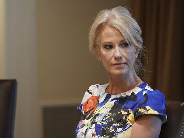 Kellyanne Conway, counselor to the president listens as US President Donald Trump speaks during a working lunch with governors on workforce freedom and mobility in the Cabinet Room of the White House in Washington, DC on June 13, 2019. (Photo by MANDEL NGAN / AFP) (Photo credit should read MANDEL …