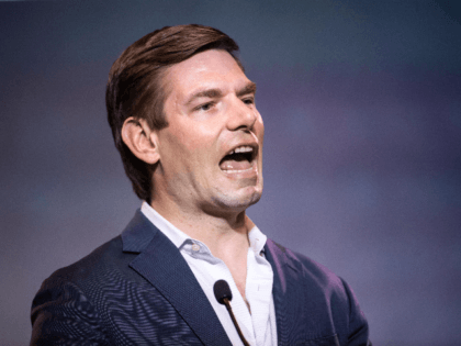Democratic presidential candidate Rep. Eric Swalwell (D-CA) speaks to the crowd during the
