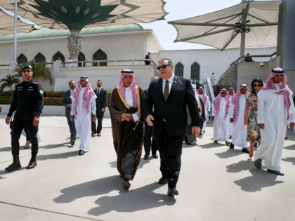 US Secretary of State Mike Pompeo (C-R) walks with Saudi Minister of State for Foreign Affairs Adel al-Jubeir, at the airport as Pompeo prepares to depart Jeddah on June 24, 2019. - Pompeo traveled to meet with Saudi leaders today to build a "global coalition" against the Islamic republic of …