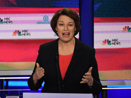 Democratic presidential hopeful US Senator from Minnesota Amy Klobuchar speaks during the first Democratic primary debate of the 2020 presidential campaign season hosted by NBC News at the Adrienne Arsht Center for the Performing Arts in Miami, Florida, June 26, 2019. (Photo by JIM WATSON / AFP) (Photo credit should …
