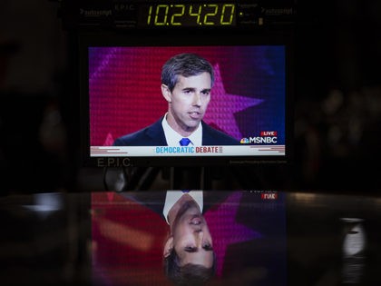 MIAMI, FL - JUNE 26: Democratic presidential candidate and former U.S. Representative Beto ORourke is displayed on a monitor inside the spin room during the first Democratic presidential primary debate for the 2020 election at the Adrienne Arsht Center for the Performing Arts, June 26, 2019 in Miami, Florida. A …