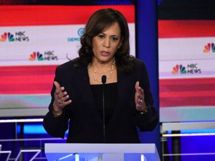 Democratic presidential hopeful US Senator for California Kamala Harris speaks during the second Democratic primary debate of the 2020 presidential campaign season hosted by NBC News at the Adrienne Arsht Center for the Performing Arts in Miami, Florida, June 27, 2019. (Photo by SAUL LOEB / AFP) (Photo credit should …