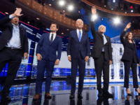 Democratic presidential hopefuls (L-R) US entrepreneur Andrew Yang, Mayor of South Bend, Indiana Pete Buttigieg, Former US Vice President Joseph R. Biden, US Senator for Vermont Bernie Sanders and US Senator for California Kamala Harris arrive on stage for the second Democratic primary debate of the 2020 presidential campaign season …