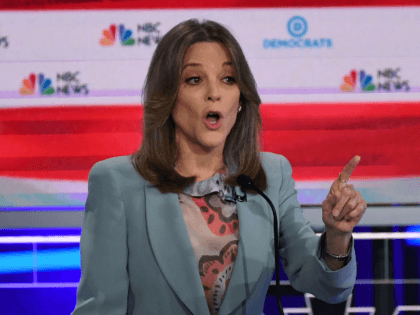 Democratic presidential hopeful US author Marianne Williamson speaks during the second Democratic primary debate of the 2020 presidential campaign season hosted by NBC News at the Adrienne Arsht Center for the Performing Arts in Miami, Florida, June 27, 2019. (Photo by SAUL LOEB / AFP) (Photo credit should read SAUL …