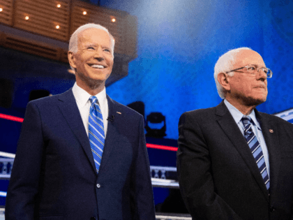 Democratic presidential hopefuls Former US Vice President Joseph R. Biden (L) and US Senator for Vermont Bernie Sanders (R) participate in the second Democratic primary debate of the 2020 presidential campaign season hosted by NBC News at the Adrienne Arsht Center for the Performing Arts in Miami, Florida, June 27, …