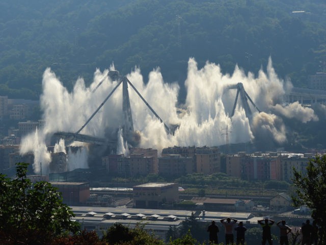 GENOA, ITALY - JUNE 28: The pylons 10 and 11 of the collapsed Morandi viaduct are demolis