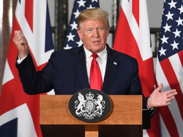 LONDON, ENGLAND - JUNE 04: US President Donald Trump attends a joint press conference with Prime Minister Theresa May at the Foreign & Commonwealth Office during the second day of his State Visit on June 4, 2019 in London, England. President Trump's three-day state visit began with lunch with the …