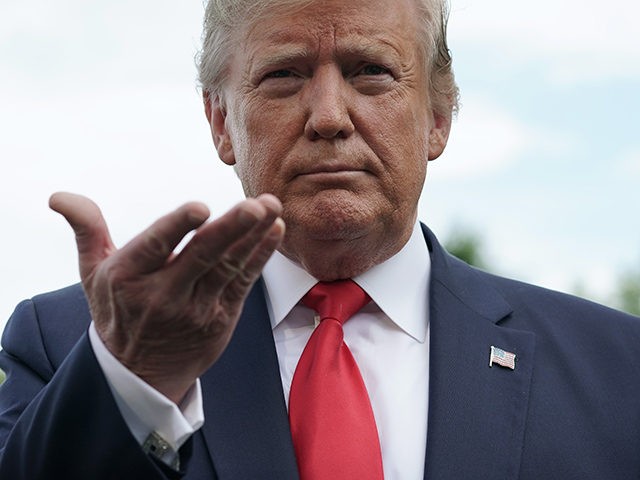 WASHINGTON, DC - JUNE 18: U.S. President Donald Trump speaks to members of the media prior to a departure from the White House June 18, 2019 in Washington, DC. President Trump and the first lady are traveling to Orlando, Florida for a rally to officially kick off the president’s 2020 …