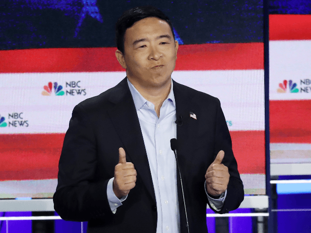 MIAMI, FLORIDA - JUNE 27: Democratic presidential candidate former tech executive Andrew Yang speaks during the second night of the first Democratic presidential debate on June 27, 2019 in Miami, Florida. A field of 20 Democratic presidential candidates was split into two groups of 10 for the first debate of …
