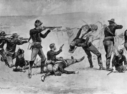 December 1890: Members of the 7th Cavalry firing the opening shots in the Battle of Wounde