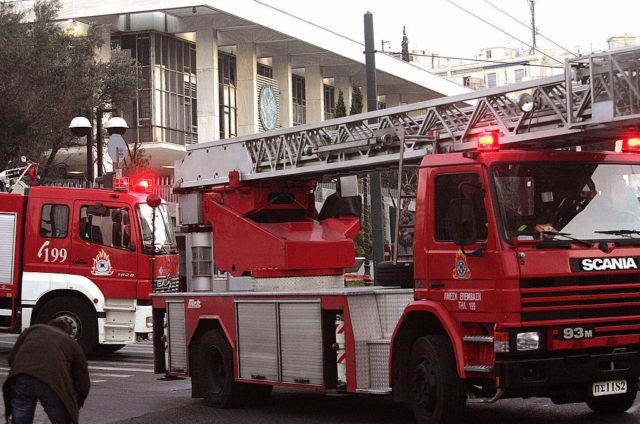 Athens, GREECE: Fire brigade truck are parked in front of the US Embassy in Athens after