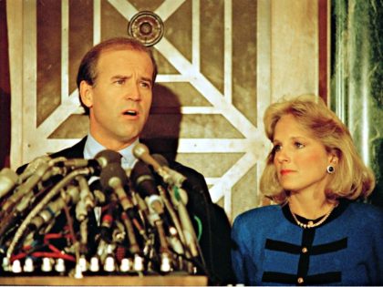 Sen. Joseph R. Biden Jr., D. Del., talks to reporters after his appearance on the television interview program "Face the Nation", Sunday, Oct. 11, 1987 in Washington. (AP Photo)