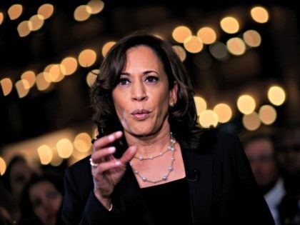MIAMI, FLORIDA - JUNE 27: Democratic presidential candidate Sen. Kamala Harris (D-CA) speaks during a television interview after the second night of the first Democratic presidential debate on June 27, 2019 in Miami, Florida. A field of 20 Democratic presidential candidates was split into two groups of 10 for the …