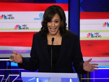 Democratic presidential hopeful US Senator for California Kamala Harris speaks during the