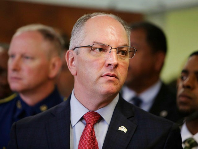 Louisiana Gov. John Bel Edwards attends a press conference on the arrest of a suspect Holden Matthews for the arson of three churches in Opelousas, La., Thursday, April 11, 2019. (AP Photo/Lee Celano)
