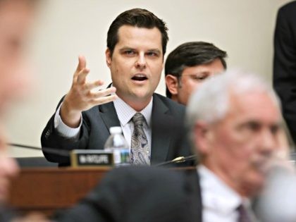 WASHINGTON, DC - JUNE 10: House Judiciary Committee member Rep. Matt Gaetz (R-FL) questions witnesses during a hearing about the Mueller Reporter in the Rayburn House Office Building on Capitol Hill June 10, 2019 in Washington, DC. The committee heard testimony from former Chief White House Counsel John Dean, who …