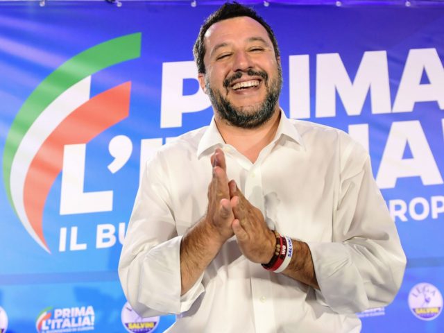 Italian Deputy Prime Minister and Interior Minister Matteo Salvini gestures at the end of