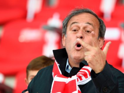 French former football player and former UEFA head Michel Platini (R) attends the French L1 football match between Nancy (ASNL) and Saint-Etienne (ASSE) on May 20, 2017 at Marcel Picot stadium in Tomblaine, eastern France. / AFP PHOTO / JEAN-CHRISTOPHE VERHAEGEN (Photo credit should read JEAN-CHRISTOPHE VERHAEGEN/AFP/Getty Images)