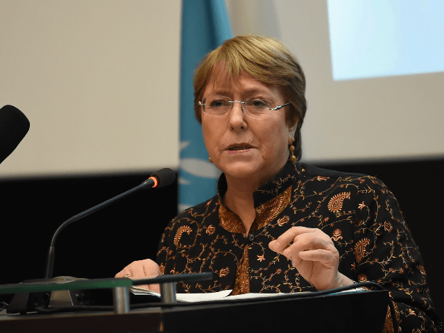 UN High Commissioner for Human Rights, Michelle Bachelet, addresses a symposium titled "AHD al-Aman" in the Tunisian capital, Tunis, on June 13, 2019. (Photo by FETHI BELAID / AFP) (Photo credit should read FETHI BELAID/AFP/Getty Images)