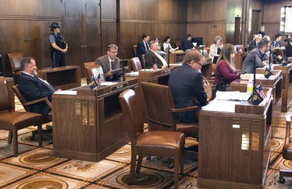 Enough Republican state senators returned to the Oregon Senate in Salem on Monday, May 13, 2019, to end a standoff in its fifth day, in which GOP senators kept the Senate from reaching a quorum. Seen here, from left in the foreground, are Republican senators Fred Girod, Dennis Linthicum, Herman …