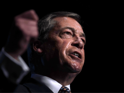 PETERBOROUGH, ENGLAND - JUNE 01: Leader of the Brexit Party Nigel Farage addresses supporters during a rally at The Broadway Theatre on June 01, 2019 in Peterborough, England. Mike Greene is the first Brexit Party member to take part in a UK parliamentary by-election. The Peterborough by-election takes place on …