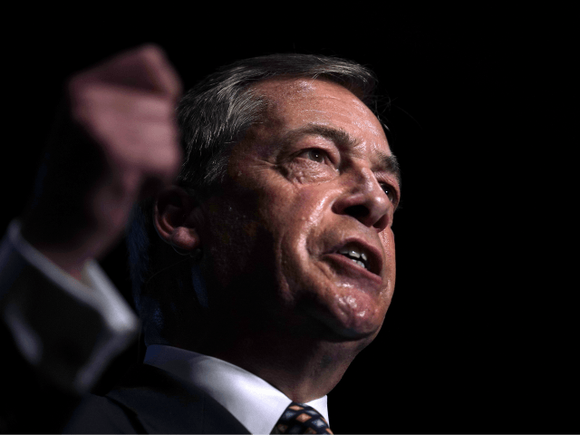 PETERBOROUGH, ENGLAND - JUNE 01: Leader of the Brexit Party Nigel Farage addresses supporters during a rally at The Broadway Theatre on June 01, 2019 in Peterborough, England. Mike Greene is the first Brexit Party member to take part in a UK parliamentary by-election. The Peterborough by-election takes place on …