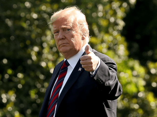 U.S. President Donald Trump gives a thumbs up as he walks toward Marine One while departing from the White House on May 16, 2019 in Washington, DC. President Trump is traveling to New York to attend a fundraiser. (Photo by Mark Wilson/Getty Images)