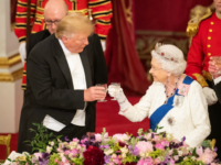 TOPSHOT - Britain's Queen Elizabeth II (R) raises a glasses with US President Donald Trump during a State Banquet in the ballroom at Buckingham Palace in central London on June 3, 2019, on the first day of the US president and First Lady's three-day State Visit to the UK. - …