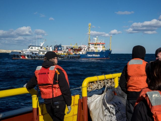 A pictured taken from a boat bringing supplies, a new crew and a delegation of German MPs