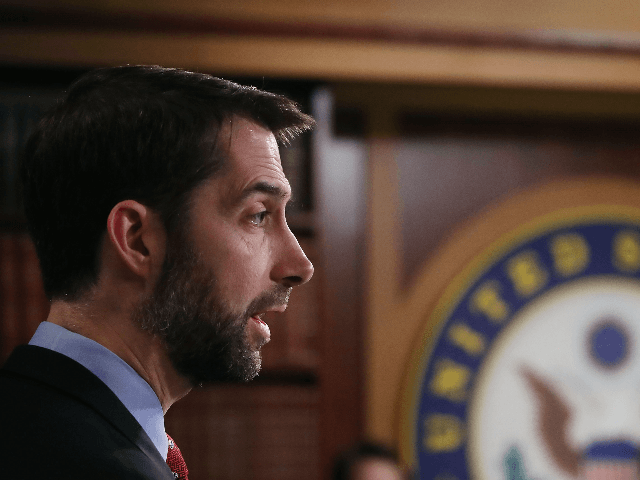 Sen. Tom Cotton (R-AK) speak to the media during a news conference on Capitol Hill, February 7, 2017 in Washington, DC. Cotton along with David Perdue (R-GA) unveiled immigration legislation they say is aimed at cutting the number of green cards issued annually by the U.S. in half. (Photo by …
