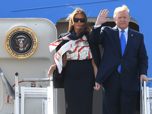 LONDON, ENGLAND - JUNE 03: US President Donald Trump and First Lady Melania Trump arrive at Stansted Airport on June 3, 2019 in London, England. President Trump's three-day state visit will include lunch with the Queen, and a State Banquet at Buckingham Palace, as well as business meetings with the …