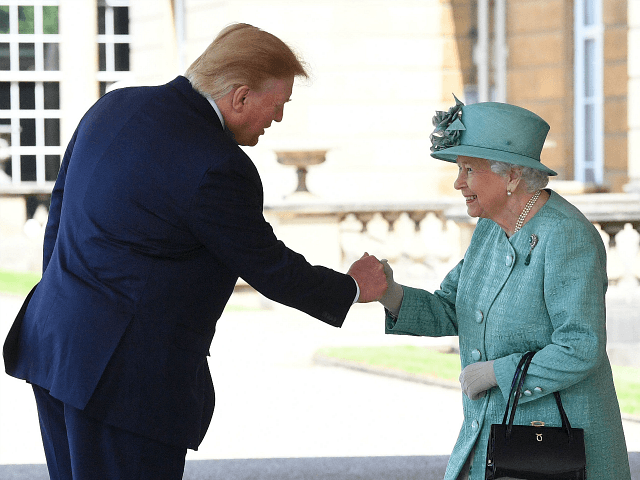 LONDON, ENGLAND - JUNE 03: U.S. President Donald Trump is greeted by Queen Elizabeth II at Buckingham Palace on June 3, 2019 in London, England. President Trump's three-day state visit will include lunch with the Queen, and a State Banquet at Buckingham Palace, as well as business meetings with the …