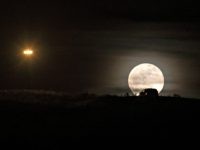 A full moon rises over the US-Mexico border as a border protection vehicle patrols the area, as seen from Tijuana, Baja California state, Mexico on December 22, 2018. - US politicians rebooted tense budget talks Saturday after their failure to pass a federal spending bill triggered a partial government shutdown, …