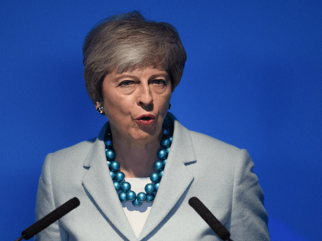 LONDON, ENGLAND - JUNE 10: Britain’s Prime Minister Theresa May addresses guests during a speech to mark the start of London Tech Week where she announced that global tech companies plan to invest £1bn in the UK on June 10, 2019 in London, England. Today marks the official beginning of …
