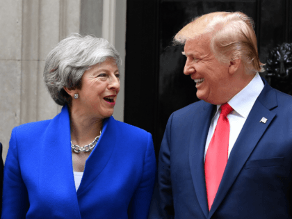 LONDON, ENGLAND - JUNE 04: Prime Minister Theresa May welcomes US President Donald Trump to 10 Downing Street, during the second day of his State Visit on June 4, 2019 in London, England. President Trump's three-day state visit began with lunch with the Queen, followed by a State Banquet at …