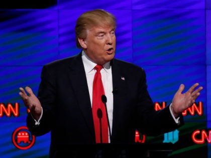 Republican Presidential candidate Donald Trump speaks during the CNN Debate in Miami on Ma