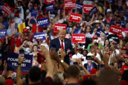 President Donald Trump reacts to the crowd after speaking during his re-election kickoff r