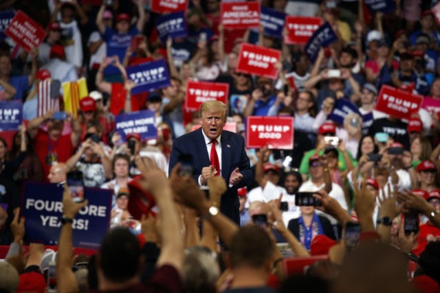 President Donald Trump reacts to the crowd after speaking during his re-election kickoff rally at the Amway Center, Tuesday, June 18, 2019, in Orlando, fla. (AP Photo/Evan Vucci)