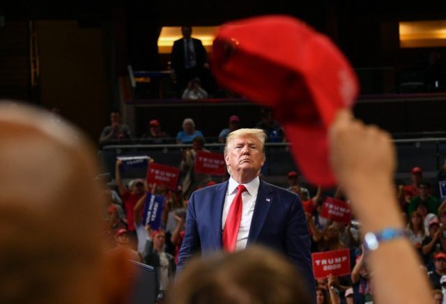 TOPSHOT - US President Donald Trump speaks during a rally at the Amway Center in Orlando, Florida to officially launch his 2020 campaign on June 18, 2019. (Photo by MANDEL NGAN / AFP) (Photo credit should read MANDEL NGAN/AFP/Getty Images)