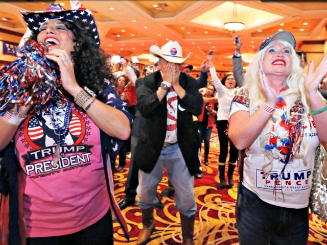 Diana Caldon, from left, Eddie Hamilton and Stephanie Smith celebrate at an election night watch party hosted by the Nevada GOP as Donald Trump wins the presidency Tuesday, Nov. 8, 2016, in Las Vegas. (AP Photo/Ronda Churchill) Diana Caldon, right, embraces Stephanie Smith in celebration at an election night watch …