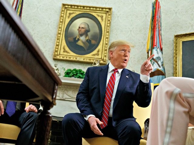 President Donald Trump speaks during a meeting with Polish President Andrzej Duda in the Oval Office of the White House, Wednesday, June 12, 2019, in Washington. (AP Photo/Evan Vucci)