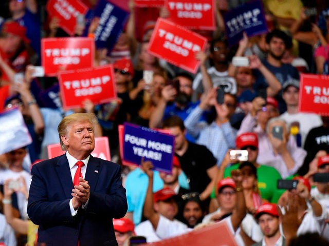 US President Donald Trump gestures after a rally at the Amway Center in Orlando, Florida t