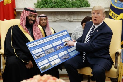 FILE - In this March 20, 2018 file photo, President Donald Trump shows a chart highlighting arms sales to Saudi Arabia during a meeting with Saudi Crown Prince Mohammed bin Salman in the Oval Office of the White House, in Washington. There is little enthusiasm among U.S. allies for Jared …
