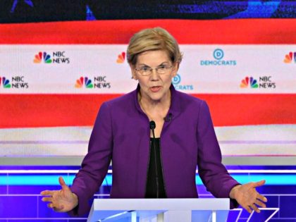 Democratic presidential hopeful US Senator from Massachusetts Elizabeth Warren speaks during the first Democratic primary debate of the 2020 presidential campaign season hosted by NBC News at the Adrienne Arsht Center for the Performing Arts in Miami, Florida, June 26, 2019. (Photo by JIM WATSON / AFP) (Photo credit should …