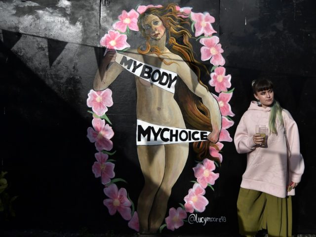 DUBLIN, IRELAND - MAY 13: A woman stands in front of a mural supporting the Yes vote locat