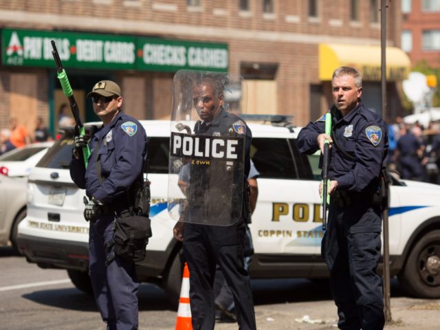 BALTIMORE, MD - MAY 4: Police form a line to block North Ave., near the site of recent riots and several blocks away from where Freddie Gray was arrested last month, May 4, 2015 in Baltimore, Maryland. Initial reports that a man had been shot by police sparked anger in …