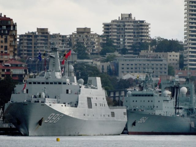 Three Chinese warships are seen docked at Garden Island naval base in Sydney on June 3, 20