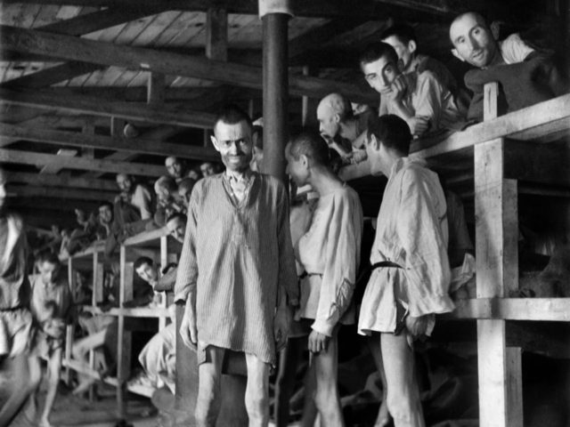 Prisoners look at the photographer in block 61 of Buchenwald concentration camp in April 1945. The construction of Buchenwald camp started 15 July 1937 and was liberated by US General Patton's army 11 April 1945. Between 239,000 and 250,000 people were imprisoned in this camp. About 56,000 died among which …